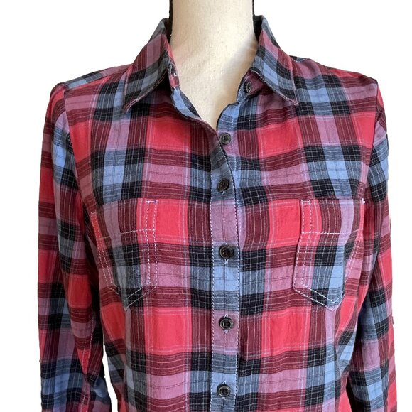 AVENTURA Plaid Tunic Top Shirt Blue Red Size M 100% Organic Cotton Long Sleeve - Picture 1 of 10